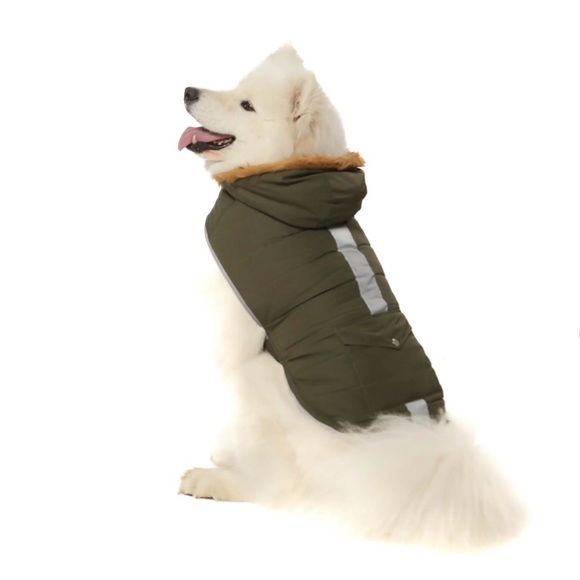 Green Reflective Puffer Dog Jacket with Faux Fur Trimmed Hood - Picture 1 of 9